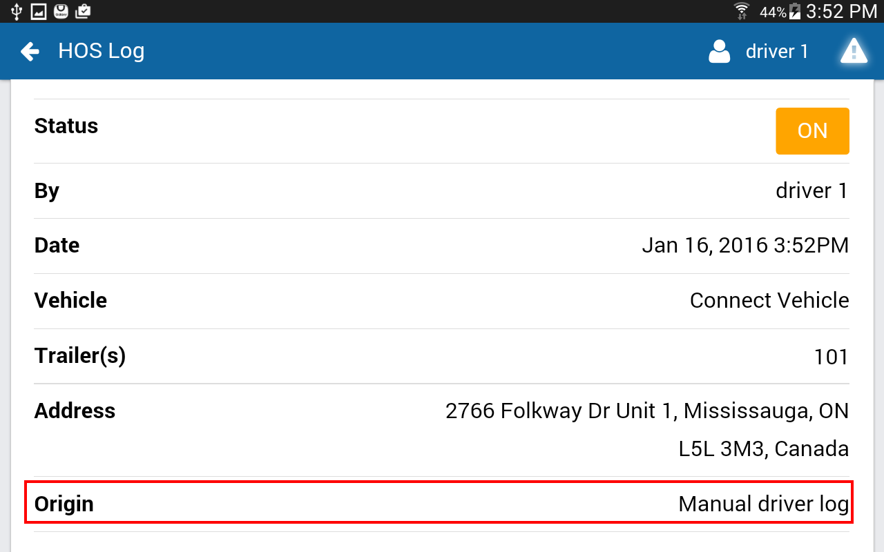 Log Origin in Geotab Drive App.