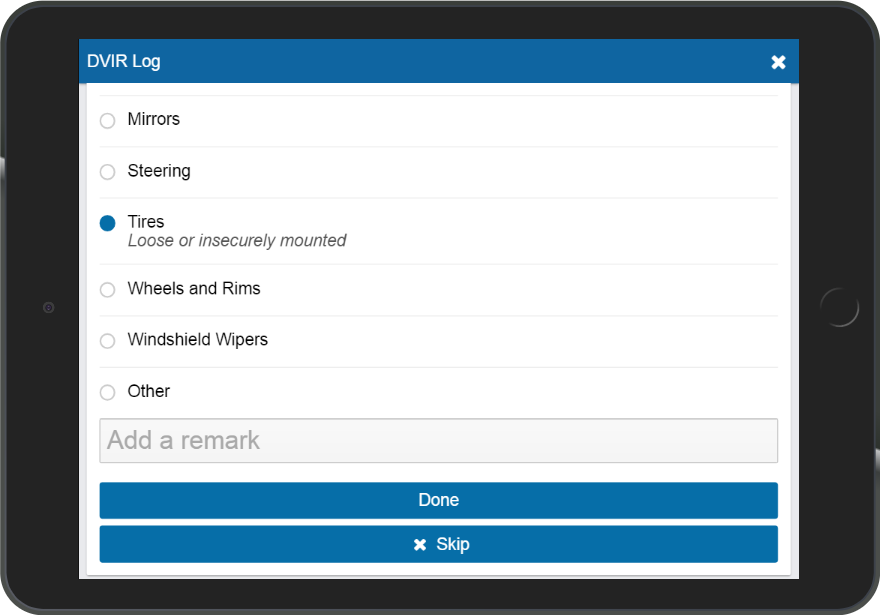 DVIR log UI on tablet