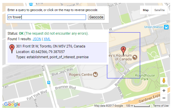 Geocoded geographic coordinates for the CN Tower in Toronto.