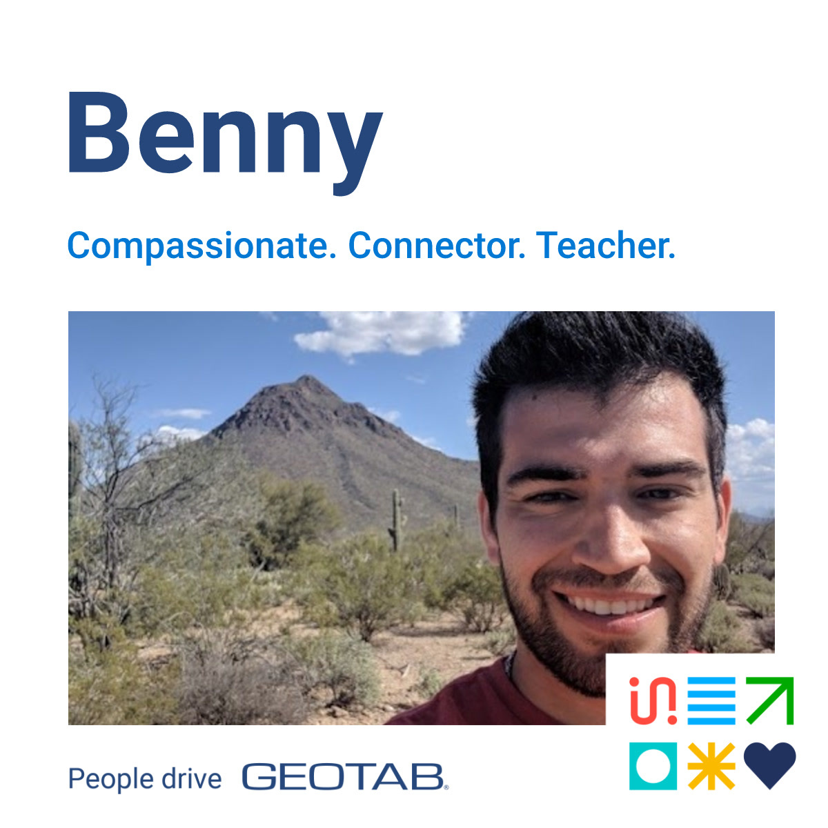 Benny on the right with mountain scenery in the background.