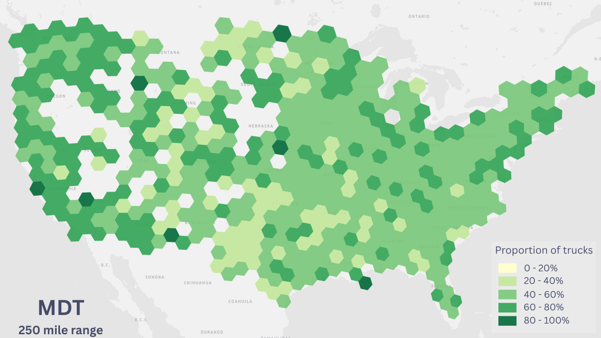 U.S. map of trucks that could be electrified given access to depot charging and 250-mile range electric trucks 