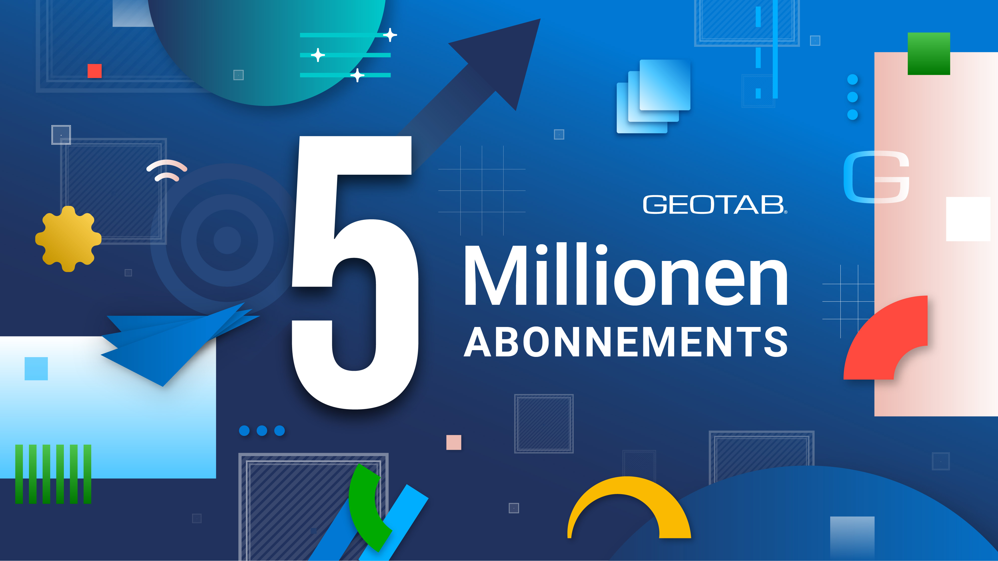 Grafische Illustration von Geotab zum Meilenstein von 5 Millionen Abonnements auf einem blauen Hintergrund mit abstrakten Formen.