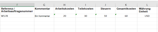Tabelle mit Wartungsdetails