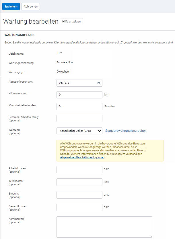 Desktopansicht Wartungseinstellungen bearbeiten