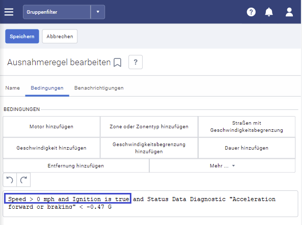 Neue Bedingungen für Beschleunigungsmesser-Regeln
