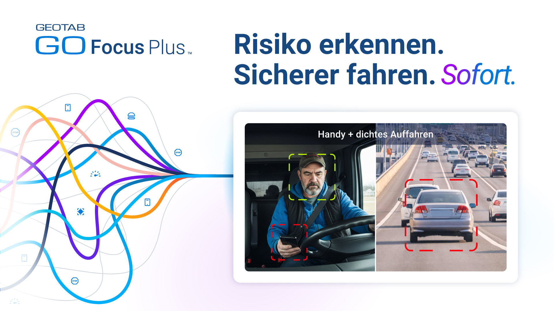 Ein Fahrer im LKW, der auf sein Handy schaut, was als "Handy + dichtes Auffahren" gekennzeichnet ist.