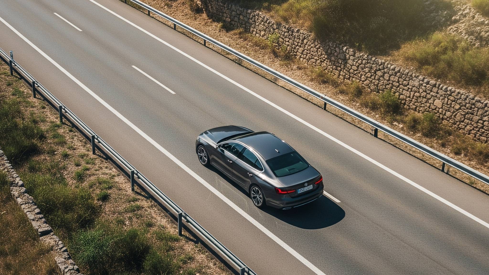 Coche en carretera española en verano: foto realista desde arriba