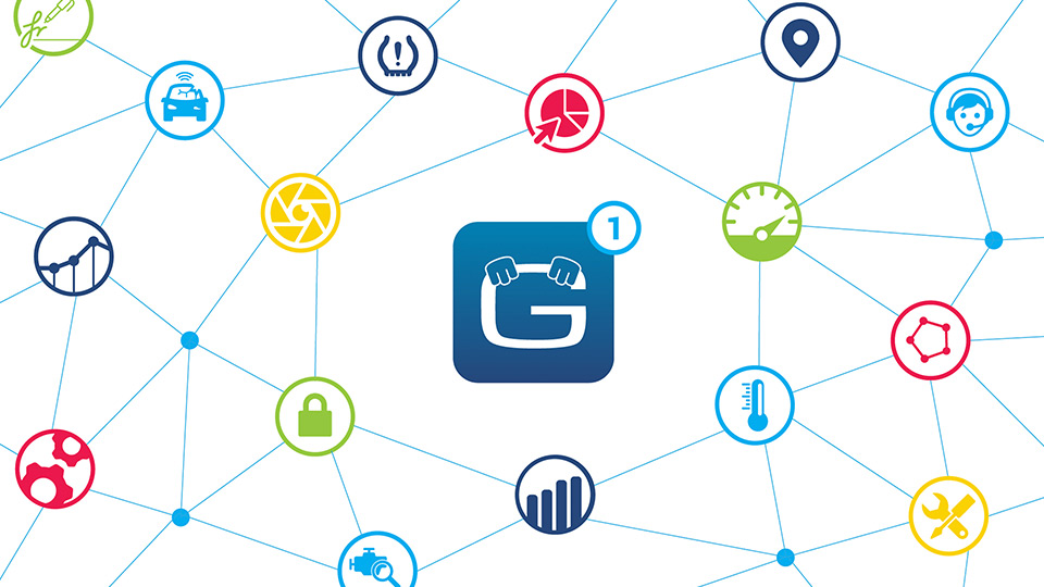 Geotab logo with hand on steering wheel, and functions logos