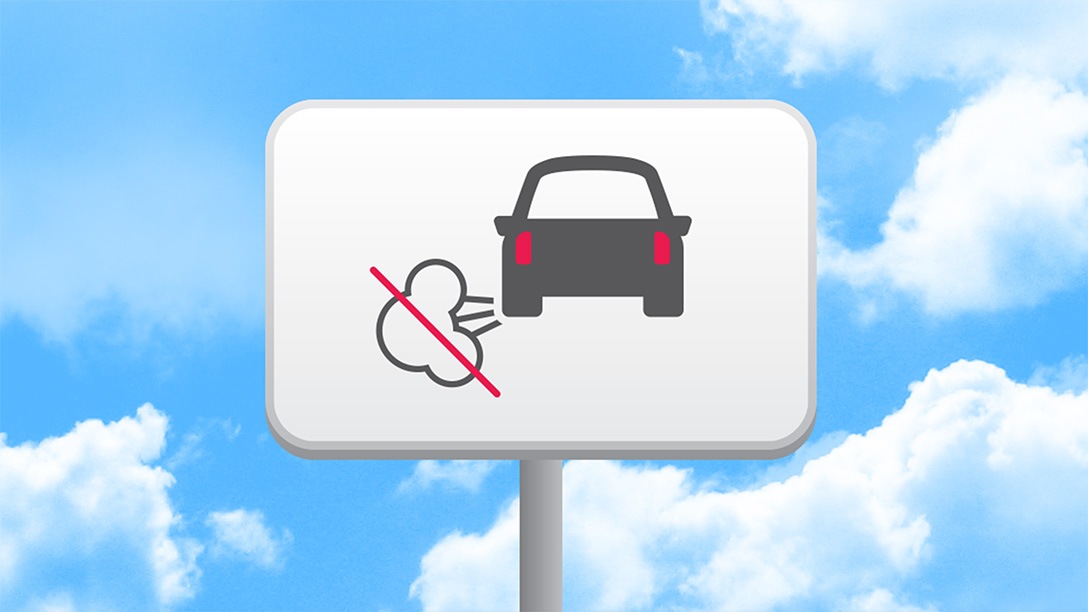 Ilustración de un cartel que representa la reducción del tiempo en ralentí y las emisiones de carbono en flotas, destacando prácticas sostenibles en la gestión de vehículos.