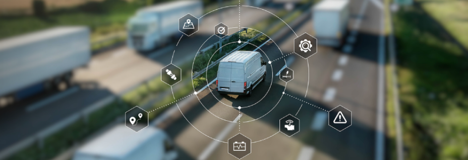 Vehículo comercial en carretera con iconos digitales representando monitoreo en tiempo real, telemática y seguridad de flotas.