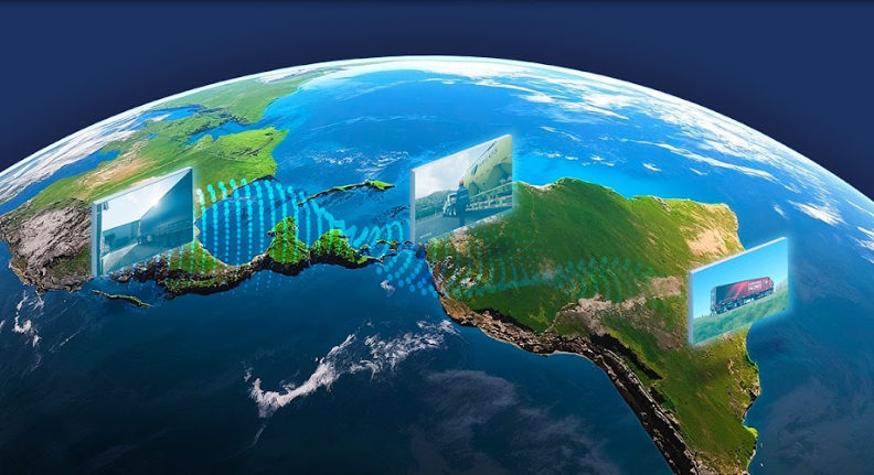 Mercado de telemática en Latinoamérica: Un globo digital resaltando Latinoamérica con flujos de datos superpuestos e íconos de vehículos, simbolizando el crecimiento y la conectividad de las soluciones de telemática que alcanzan un hito de 300,000 suscripciones en la región.