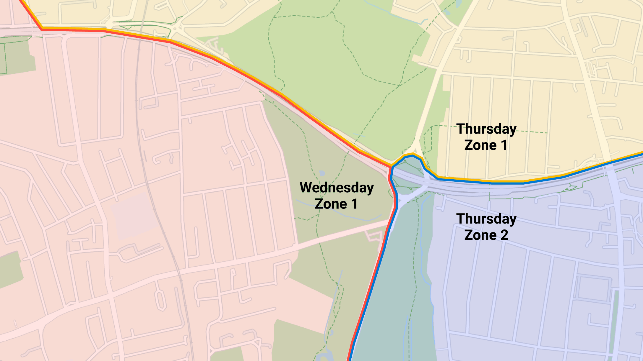 Mapa mostrando zonas geográficas delimitadas con colores diferentes, etiquetadas como "Zona 1 Miércoles", "Zona 1 Jueves" y "Zona 2 Jueves".