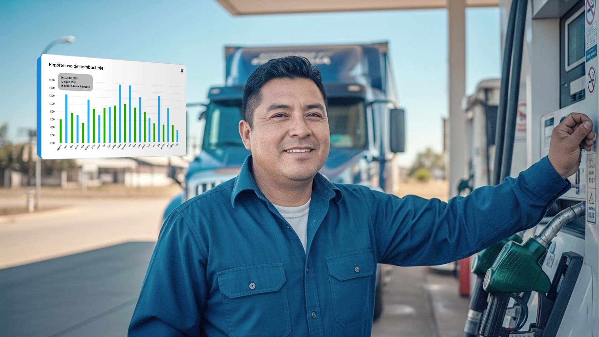 Vista aérea de una gran flota de camiones en un patio logístico, representando la optimización del consumo de combustible y la eficiencia en la administración de flotas.