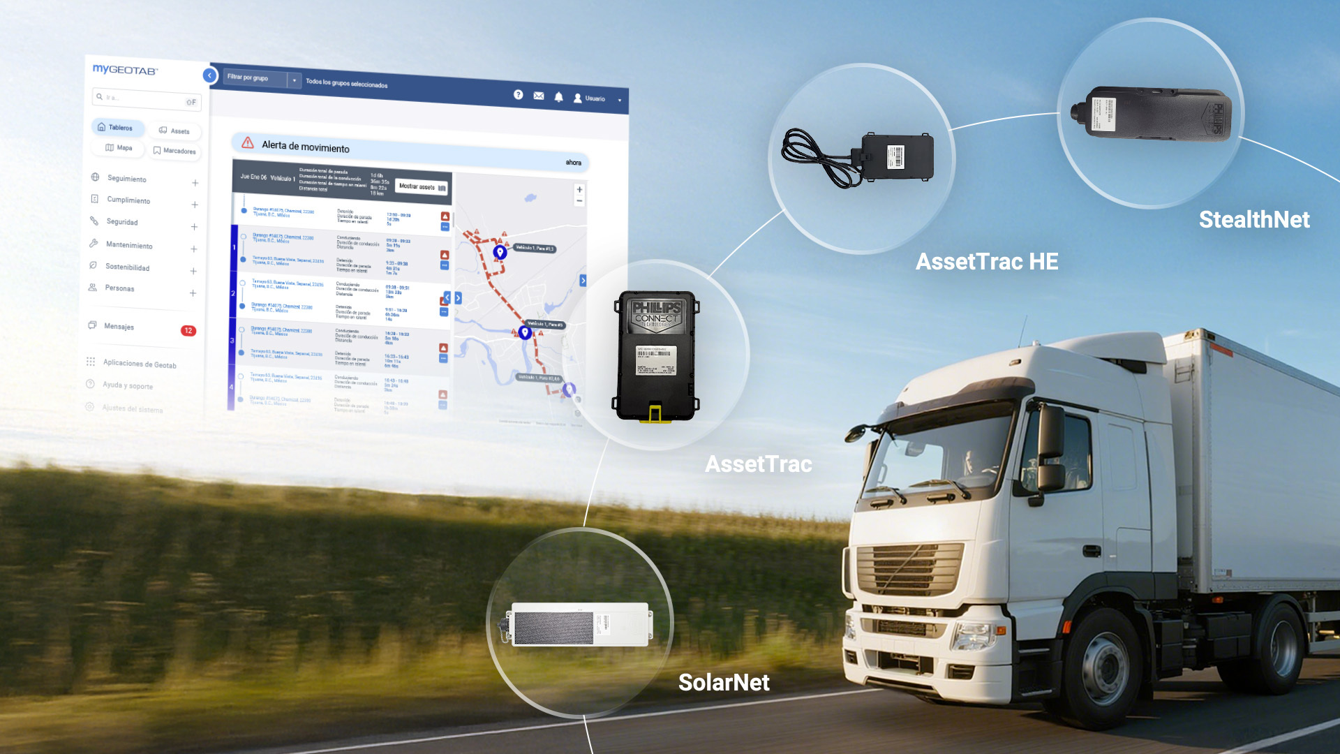 Un camión de flota con la interfaz de la plataforma MyGeotab, destacando los dispositivos de rastreo de activos de Phillips Connect para la seguridad y gestión de flotas.