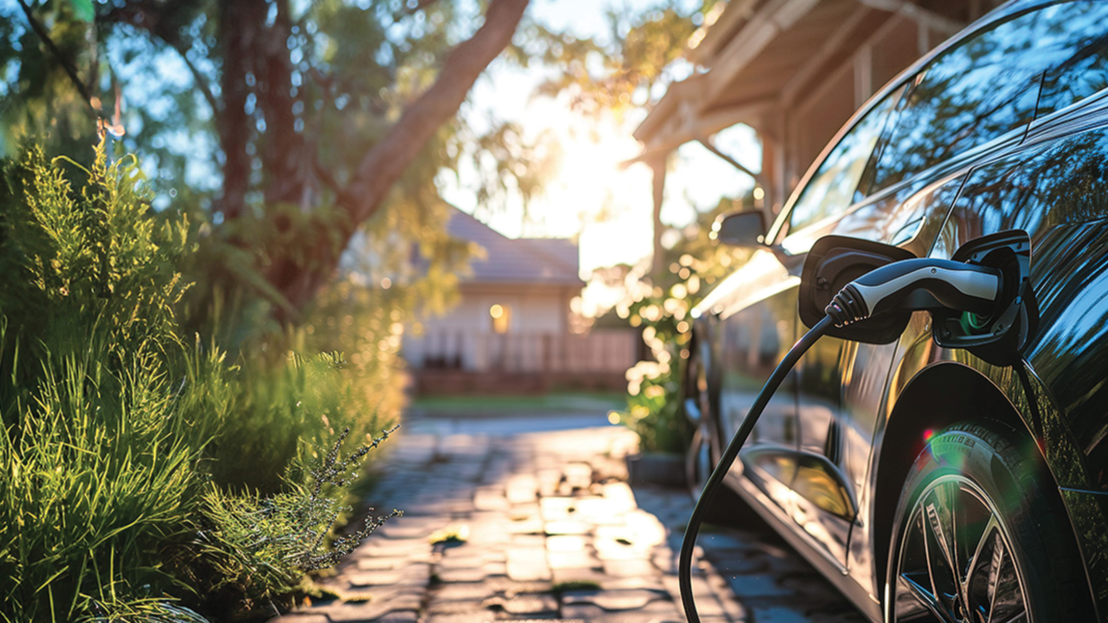 Primer plano de un vehículo eléctrico negro cargándose con un cable enchufado a su costado, estacionado en una entrada de auto con vegetación exuberante y una casa de fondo, bañado por la cálida luz del atardecer.
