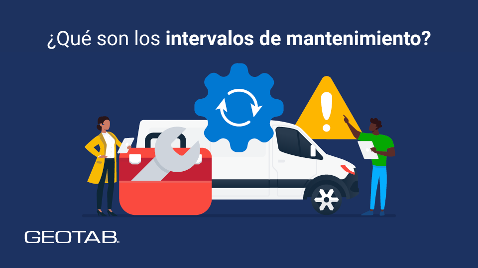 Dos mecánicos revisan una van blanca con símbolos de mantenimiento y advertencia. Texto: "¿Qué son los intervalos de mantenimiento?"