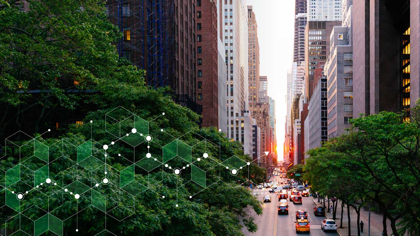 Una calle de la ciudad con tráfico al atardecer, árboles verdes a la izquierda y un gráfico hexagonal verde superpuesto.