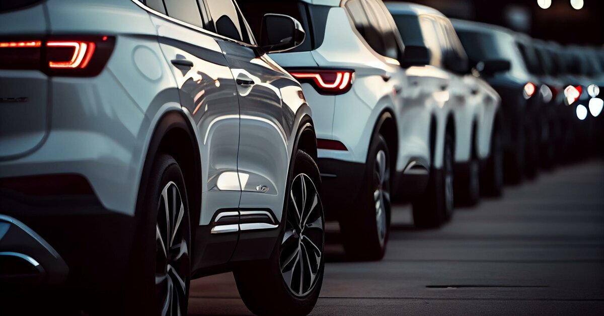 Row of modern white SUVs parked in line.