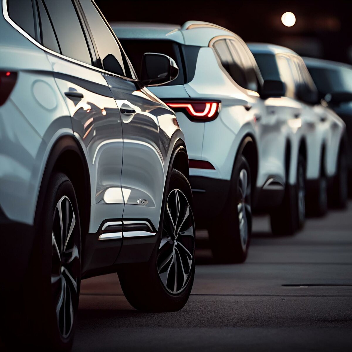 Row of modern white SUVs parked in line.