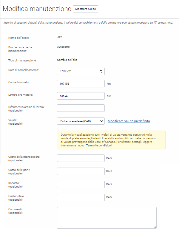 Modifica Manutenzione MyGeotab