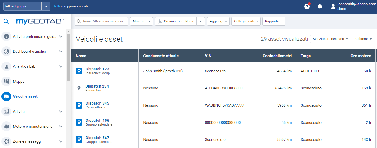 Veicoli e asset MyGeotab