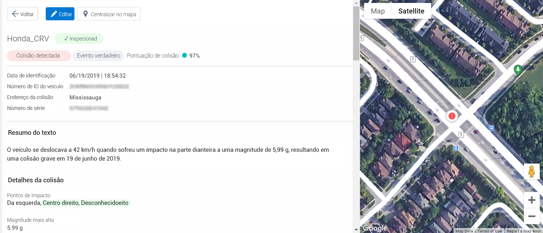 Interface do usuário do aplicativo de detecção de colisão mostrando uma visualização de satélite de um evento de colisão e seus detalhes.