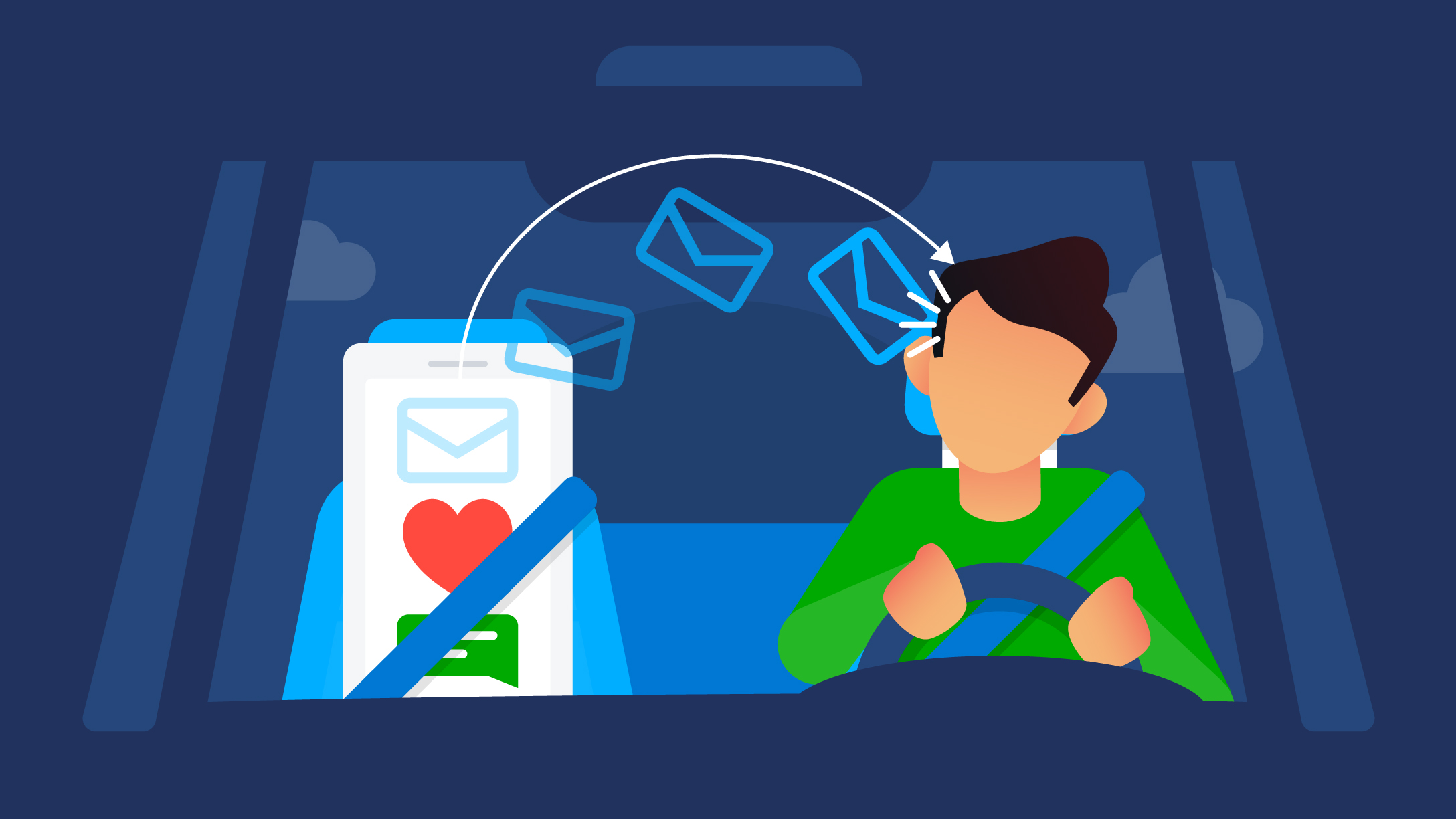 Ilustração de um motorista distraído por mensagens no celular, destacando os perigos da direção distraída e a necessidade de atenção ao volante.