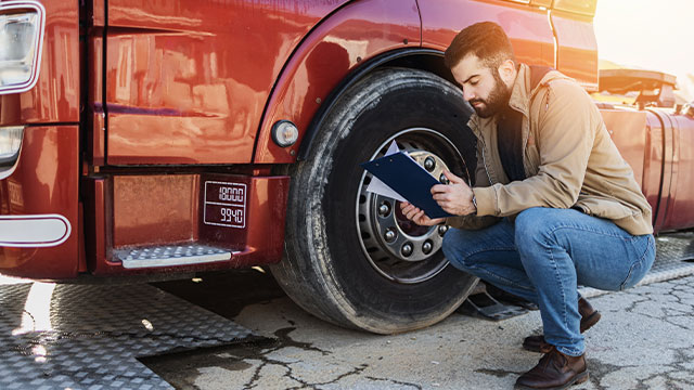 Gestor de frota inspecionando um caminhão como parte da manutenção preventiva, garantindo segurança e eficiência nas operações.
