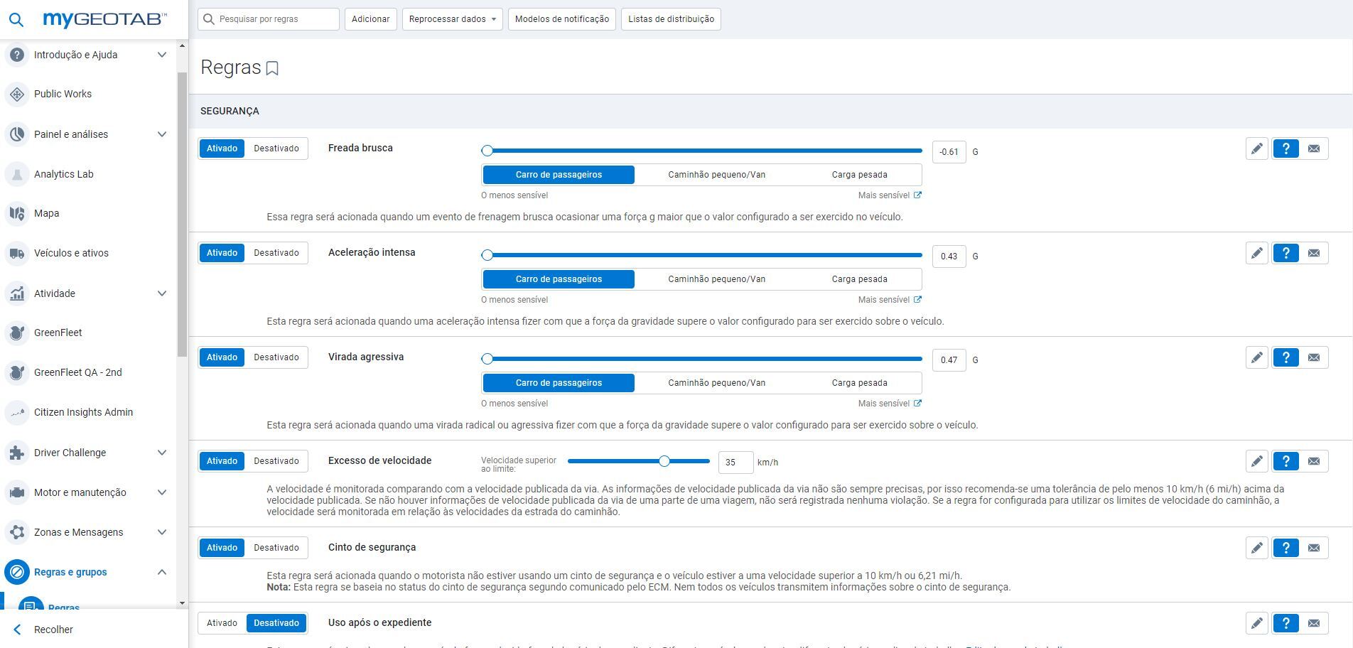 Um exemplo do recurso de configuração de regras no MyGeotab.