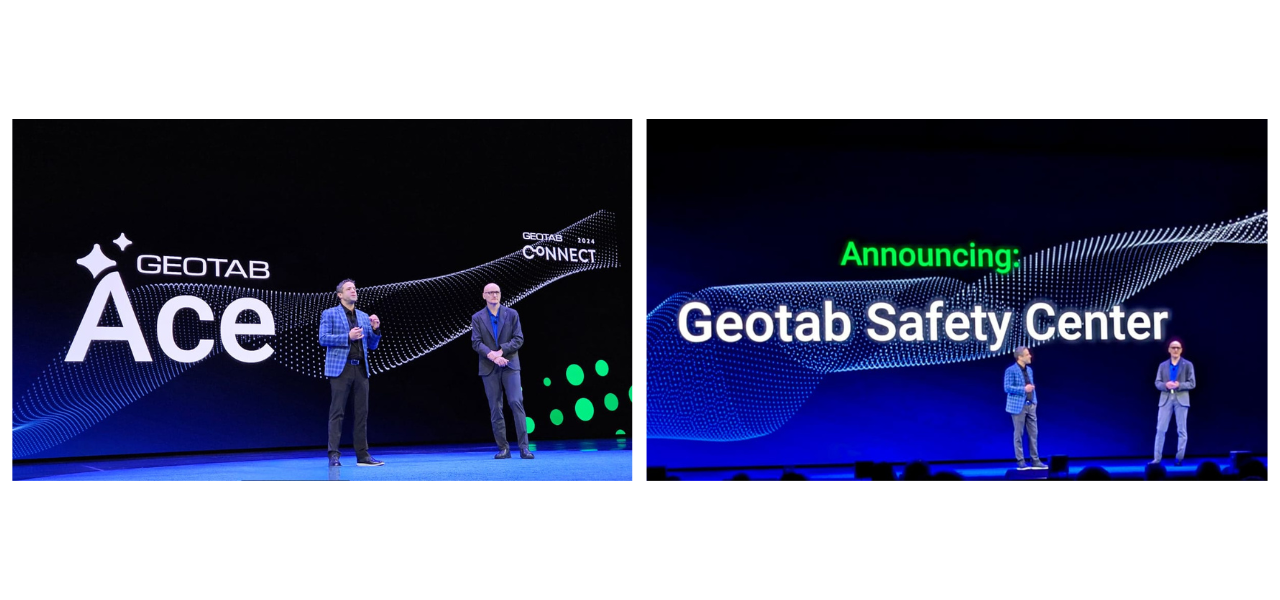 Palco com 2 homens apresentando com um telão atrás 