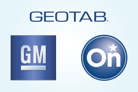 Geotab, GM and OnStar logos on a blue background