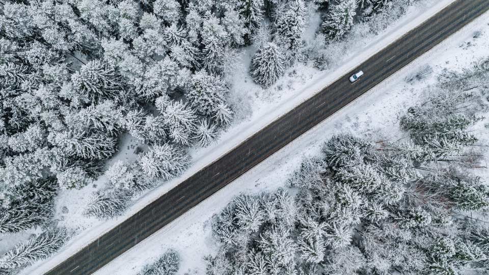 Car driving through a snowy forest