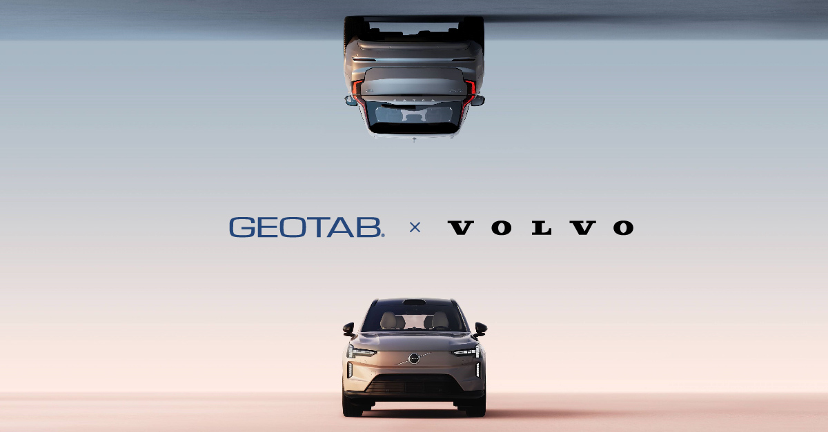 two cars and the Geotab and Volvo logos