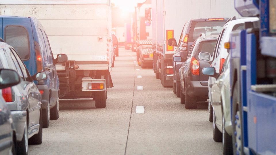 Cars stuck in traffic.