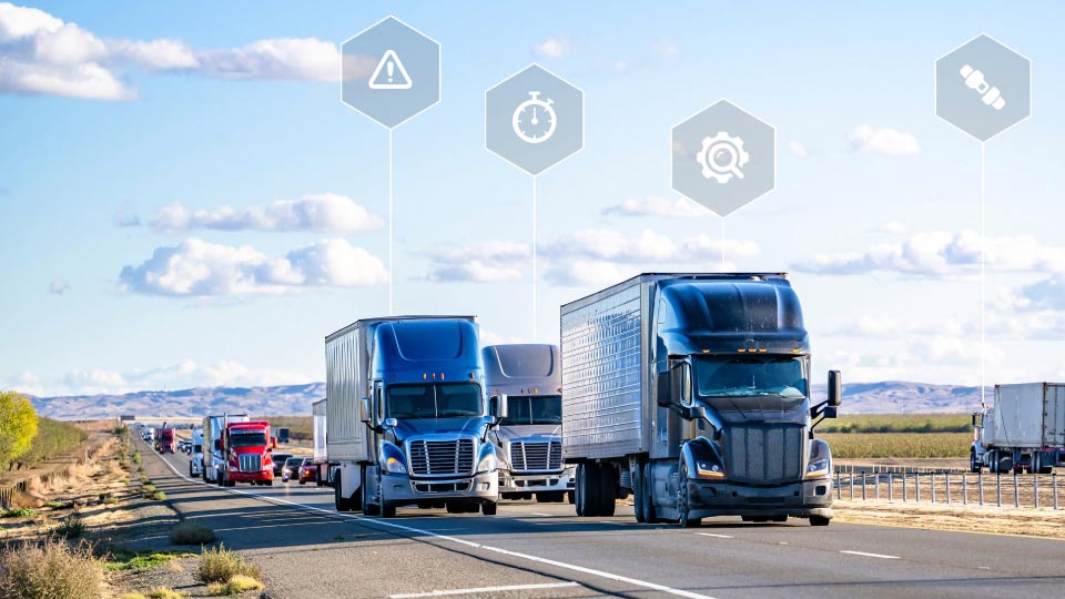 Trucks driving on road with data points floating around them