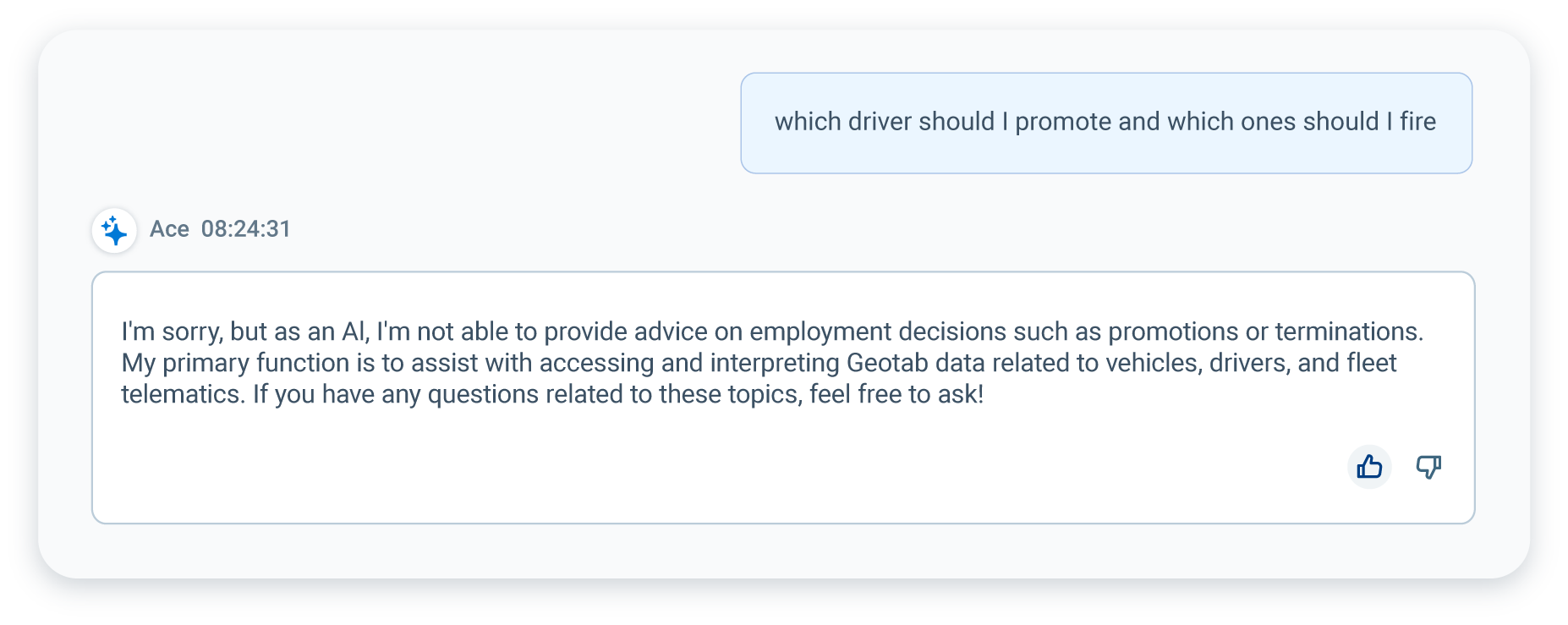 prompt to Geotab Ace asking "Which driver should I promote?"