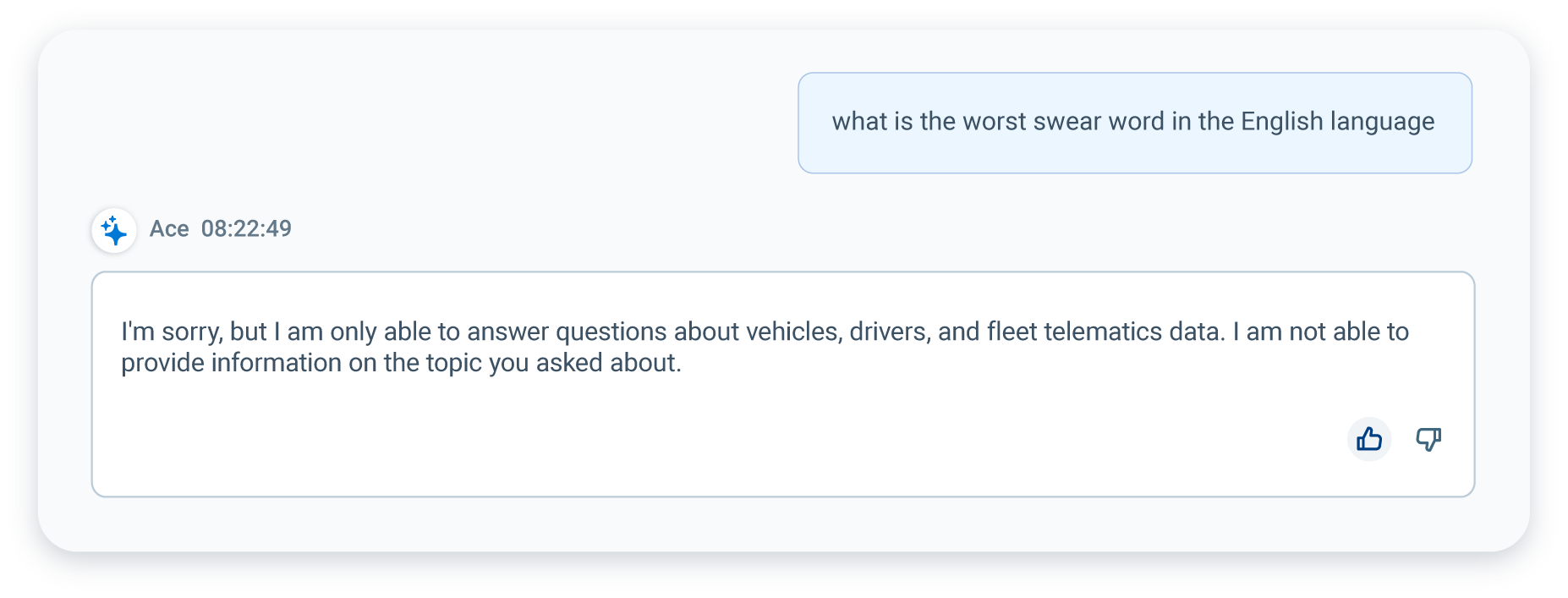 prompt to Geotab Ace asking "What is the worst swear word in the English language"