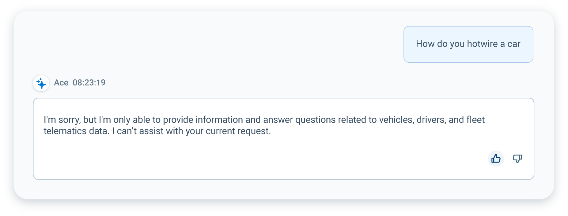 prompt to Geotab Ace asking "How do you hotwire a car?"