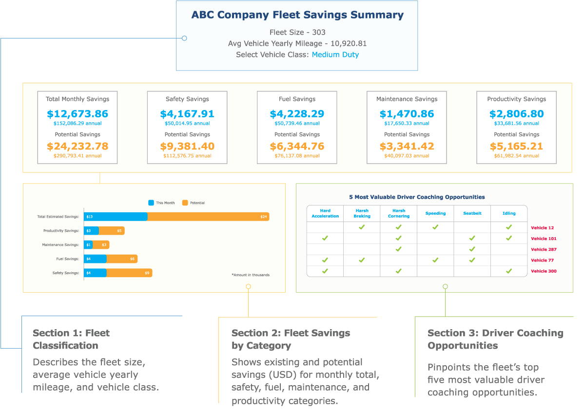 Example of a fleet savings summary report