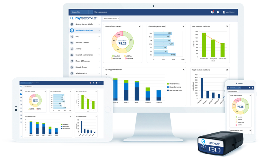 Geotab vehicle tracking device and MyGeotab telematics platform