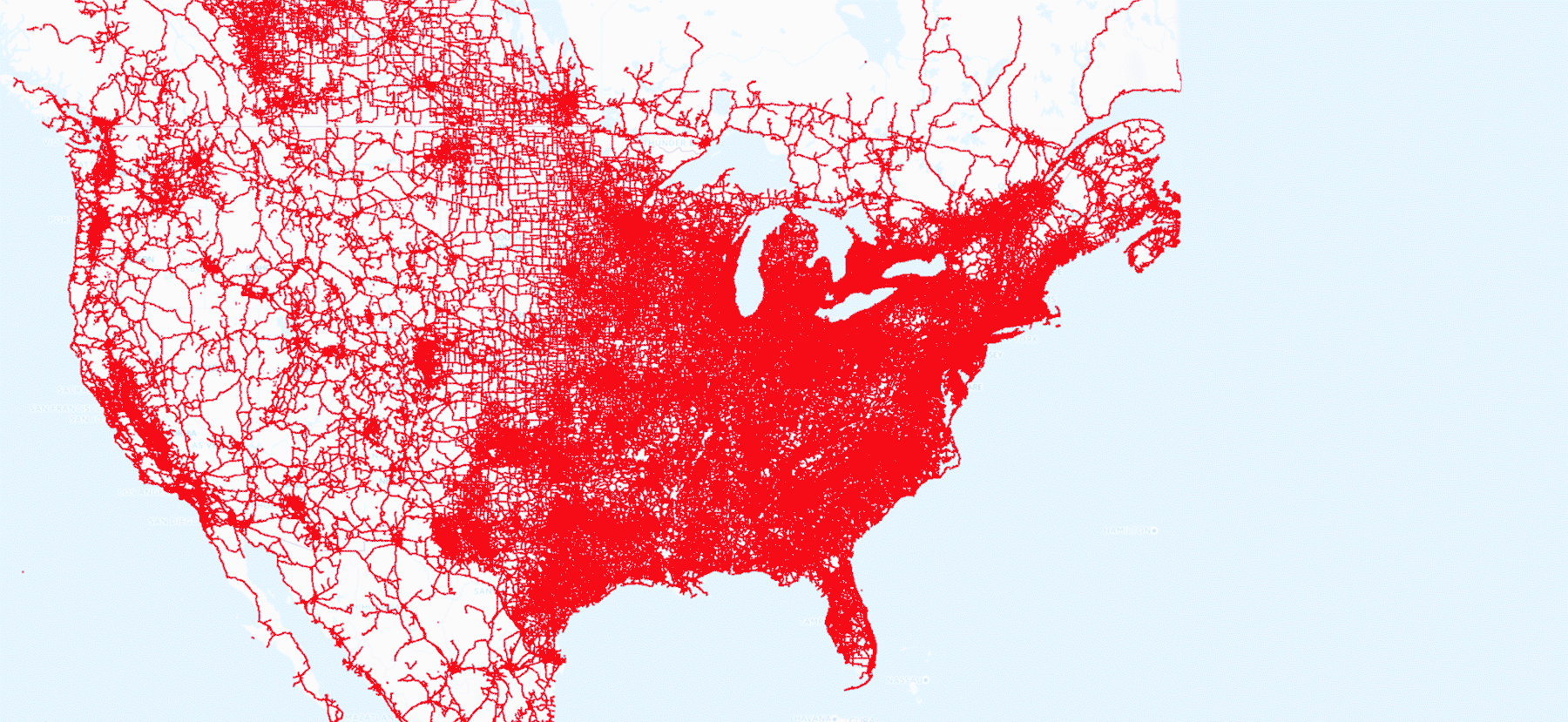 Mappa di calore degli Stati Uniti che raffigura la copertura della rete di sensori nel corso di una giornata.