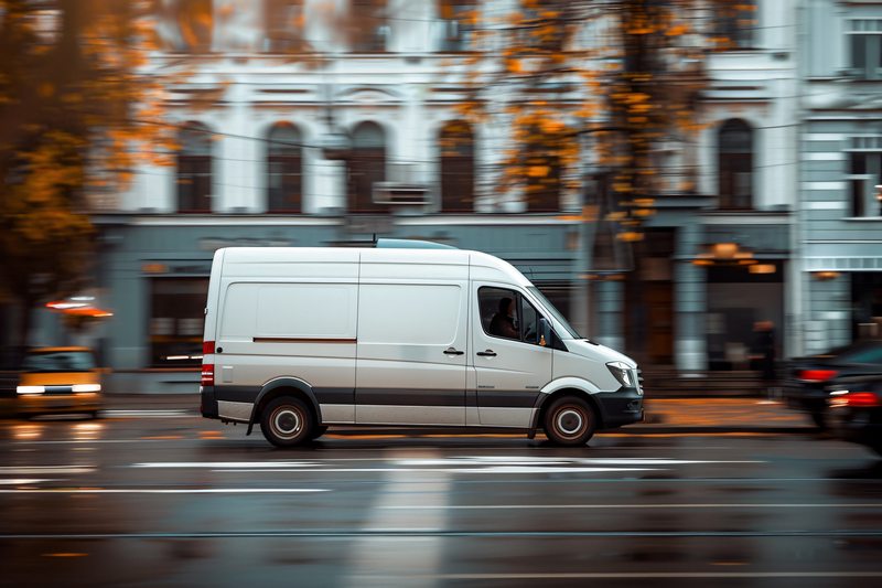 White delivery van driving through city street.