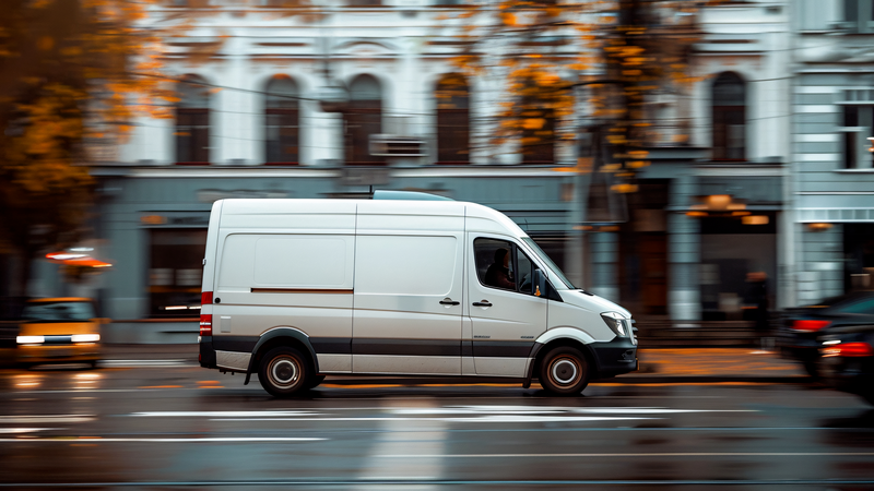 White delivery van driving through city street.