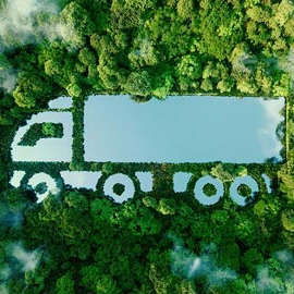 Uno specchio d'acqua a forma di camion in una foresta, che simboleggia il trasporto sostenibile
