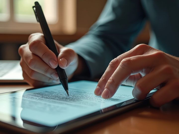 Signing a digital document on a tablet with a stylus.