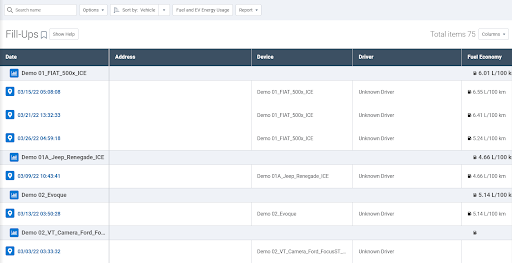 A sample fill-up report featuring fuel data over a particular time period.